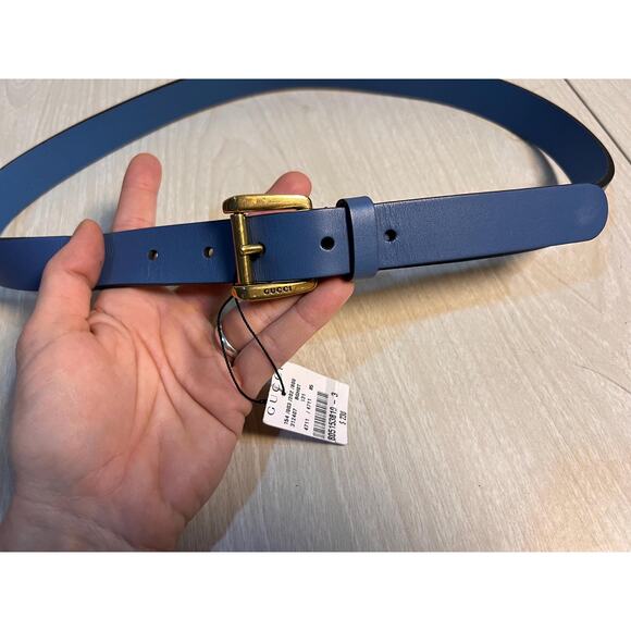 NWT Authentic Gucci Blue Leather Belt with Gold Buckle - Picture 7 of 10